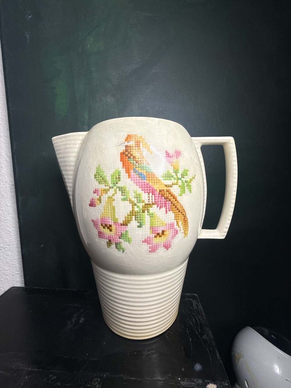 Vintage Leigh Ware Art Deco Cross-Stitch Bird Pitcher